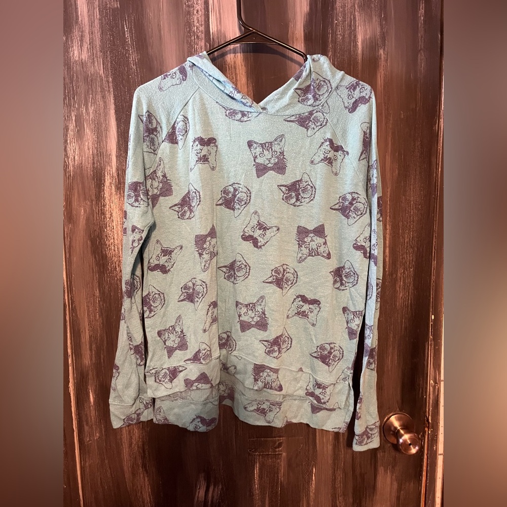 Cat Print Hoodie in Light Blue medium